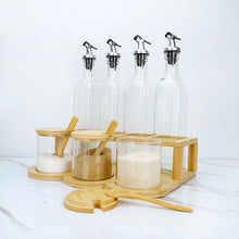 Load image into Gallery viewer, Bamboo and Glass Condiment Set with Rack