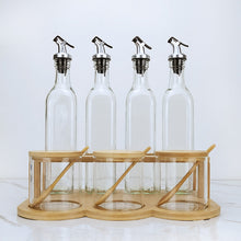 Load image into Gallery viewer, Bamboo and Glass Condiment Set with Rack