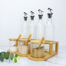 Load image into Gallery viewer, Bamboo and Glass Condiment Set with Rack