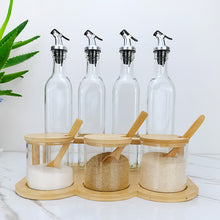 Load image into Gallery viewer, Bamboo and Glass Condiment Set with Rack