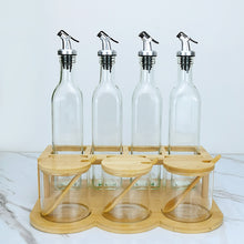 Load image into Gallery viewer, Bamboo and Glass Condiment Set with Rack