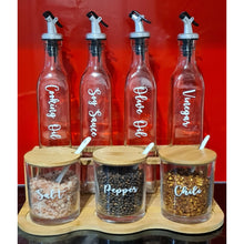 Load image into Gallery viewer, Bamboo and Glass Condiment Set with Rack