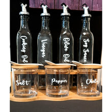 Load image into Gallery viewer, Bamboo and Glass Condiment Set with Rack