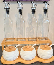 Load image into Gallery viewer, Bamboo, Glass and Ceramic Condiments Set