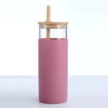 Load image into Gallery viewer, Glass and Bamboo Drinking Bottle with Silicone Sleeve -Bamboo or Silicone Straw