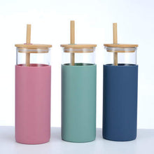 Load image into Gallery viewer, Glass and Bamboo Drinking Bottle with Silicone Sleeve -Bamboo or Silicone Straw
