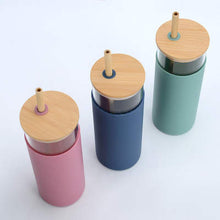 Load image into Gallery viewer, Glass and Bamboo Drinking Bottle with Silicone Sleeve -Bamboo or Silicone Straw
